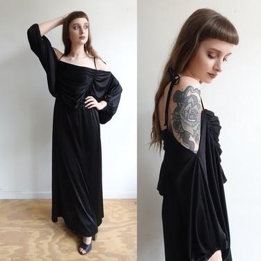 Vintage 70s does 30s Black Grecian Draped Gown/ 1970s Balloon Sleeve Off the Shoulder Maxi Dress/ 1930s style/ Medium 