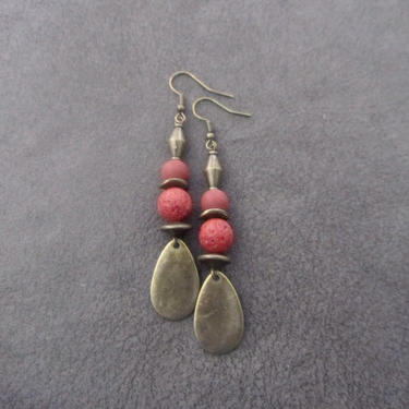 Bohemian dangle earrings, red lava rock earrings, bold statement earrings, unique boho chic earrings, rustic artisan earrings, bronze 