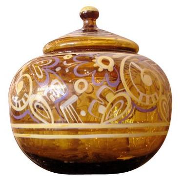 1930s French Painted Amber Glass Jar with Lid
