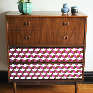 Mid Century Modern Tall Dresser with Geometric Motif//Refinished MCM Tallboy//Painted Vintage Modern Wood Dresser//Mid-Century Modern Bureau 