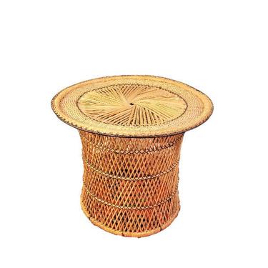 FREE SHIPPING Vintage Boho Wicker Drum Table Black Detail | MCM Barrel Rattan Side Table | Bohemian Barrel Base | Plant Stand Home Decor 