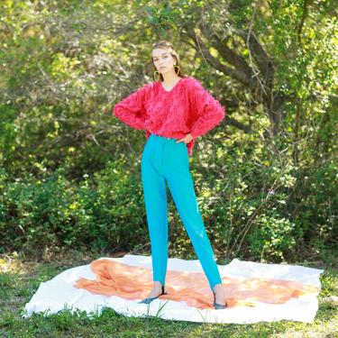 80s Bright Blue Sheen High Waisted Legging Pants Vintage Fitted Trousers 