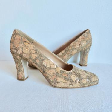 Vintage Size 8.5 Cork Pumps Chunky Heels Square Toes High Heel Shoes 1980's 1990's Valerie Stevens Made in Spain 