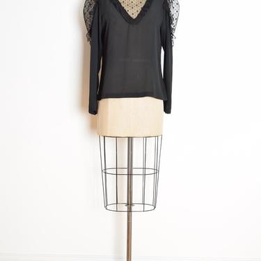vintage 80s top Victorian secretary blouse shirt black lace puff sleeve M 