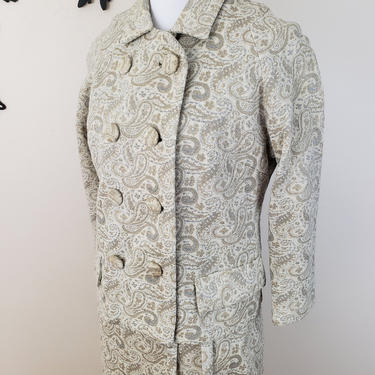 Vintage 1960's Paisley Dress and Jacket Set / 60s Cream and Silver Dress and Coat S/M 
