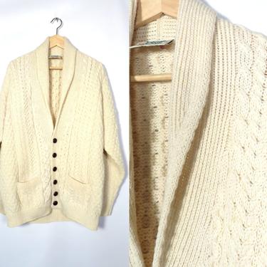 Vintage Classic Ivory Wool Cable Knit Cardigan Fisherman Cardigan Made In Ireland Size XL 