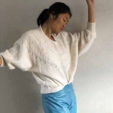 90s angora batwing beaded sweater / vintage white angora beaded batwing embroidered fuzzy cozy sweater | L 