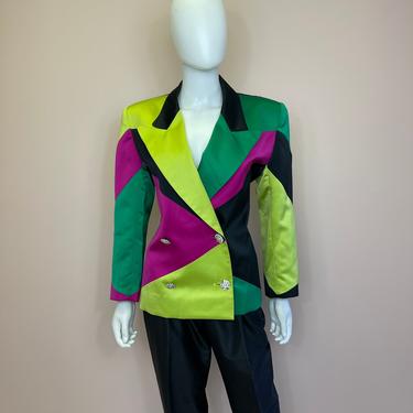 Vtg 1980s satin neon color block blazer S / M 