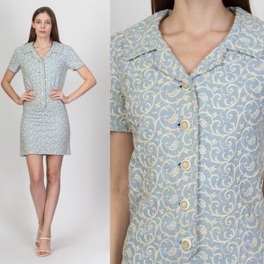 60s Mod Blue Embroidered Mini Dress - Extra Small | Vintage Collared A Line Short Sleeve Shift Shirtdress Dress 