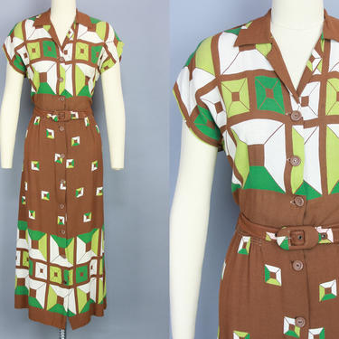 1940s GEOMETRIC Day Dress | Vintage 40s Brown &amp; Green Linen Dress with Matching Belt | large 