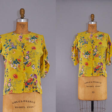 70s Emanuel Ungaro Silk Blouse Yellow Floral Blouse 