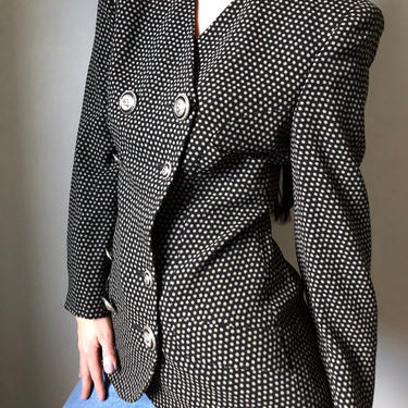 vintage 90s VERSUS Gianni Versace blazer | polka dot print jacket | double breasted silver logo buttons 