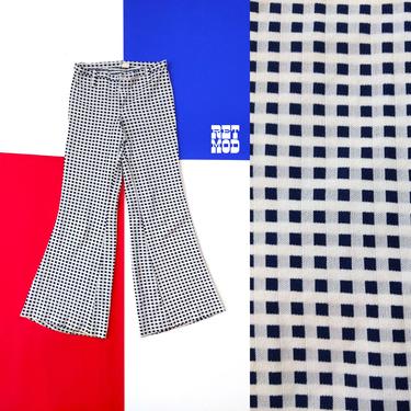 Retro Vintage 70s Blue &amp; White Grid Pattern Flare Pants 