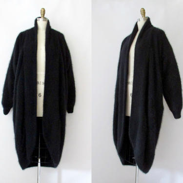 FLUFF PIECE Vintage 80s Venesha Angora Sweater Cardigan | 1980s Black Oversize Slouchy Long Knit Coat | 90s 1990s Jacket | Size Small Medium 