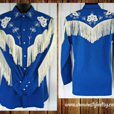 H Bar C, California Ranchwear, Vintage Western Taos Men's Cowboy Shirt, Fringe &amp; Rhinestones, Tag Size 16, Approx. Large (see meas. photo) 