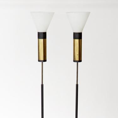 Pair of Stilnovo Floor Lamps Glass Diffusers Marble Base Tall Black Enameled Stem and marble base 
