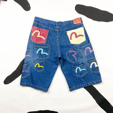 90s Evisu Allover Pocket Jean Shorts / Multicolor Logo / Novelty / Multi Pocket / Japanese Denim / y2k / 42 Waist / XL / XXL / Streetwear / 