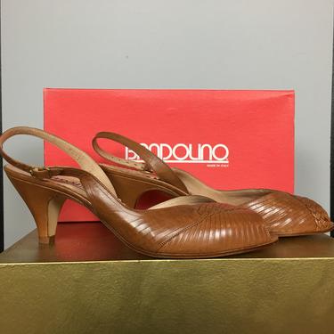 1980s shoes, braided brown leather, vintage 80s pumps, bandolino, size 9, sling back heel, peep toe, heeled sandals, summer, classic, boho 