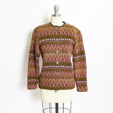 Vintage 1960s Wool Cardigan Sweater Swedish Icelandic Knit Pink Green Small Medium 