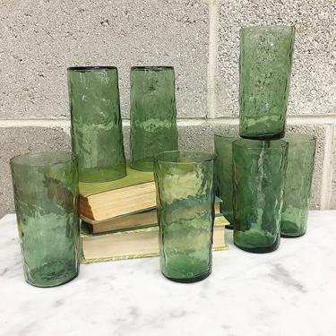Vintage Glasses Set Retro 1980s Clear + Green + Hammered Glass + Set of 8 Matching + Highballs + Drinkware + Home and Kitchen Decor 