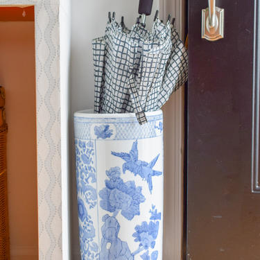 Blue and White Asian Chinoiserie Ceramic Umbrella Stand 