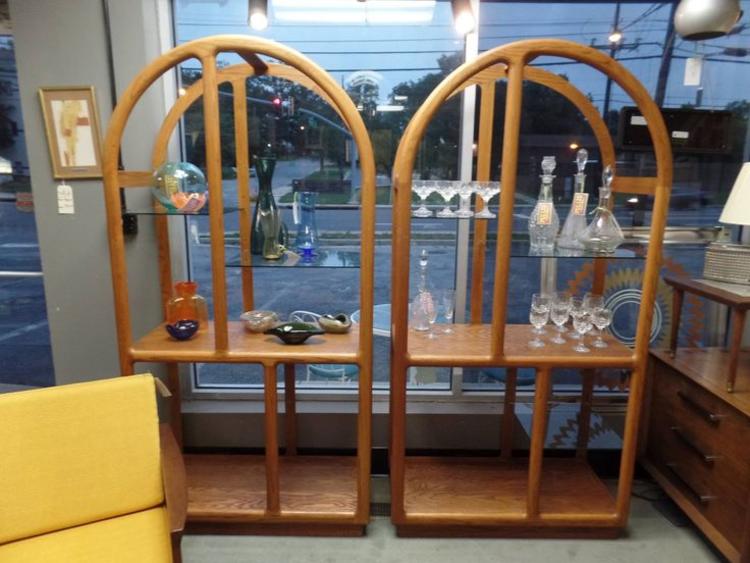 Pair of vintage wood and glass etageres