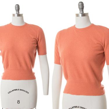 Vintage 1950s Sweater | 50s Orange Peach Cashmere Knit Short Sleeve Pullover Sweater Top (small/medium) 