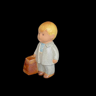 Vintage Scandinavian Ceramic Pottery Lisa Larson Gustavsberg Boy with Suitcase Figurine 7.5&quot; Tall Sweden Swedish 