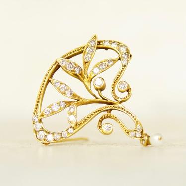 Vintage 14K Gold Diamond & Pearl Pendant/Brooch, Brilliant Diamond Encrusted Pin, Ornate Floral Motifs, Pearl Seed Tassel, 1 5/8&quot; L 