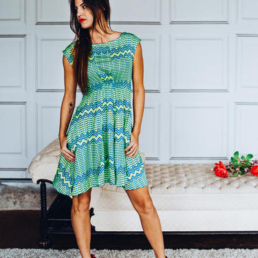 Madison Dress in Shades of Lime, Teal, and White Rayon Crepe