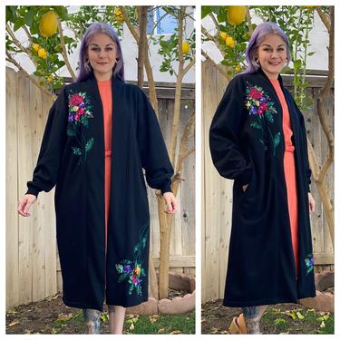 Vintage 1980’s Long Black Cardigan with Sequin Flowers 