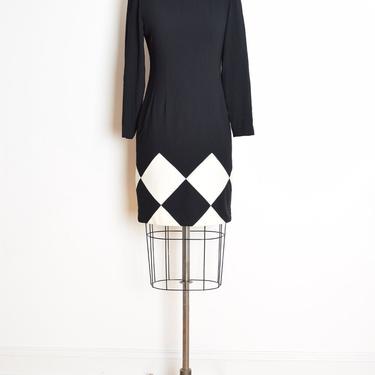 vintage 80s dress black and white harlequin diamond geometric block mini S M clothing 