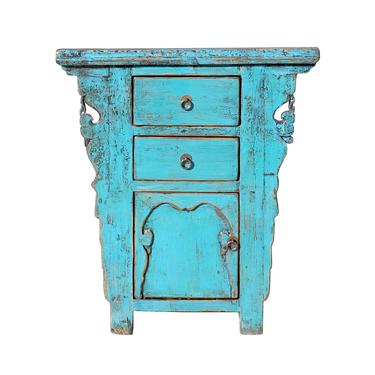 Chinese Rustic Rough Wood Distressed Aqua Blue Side Table Cabinet cs5440S