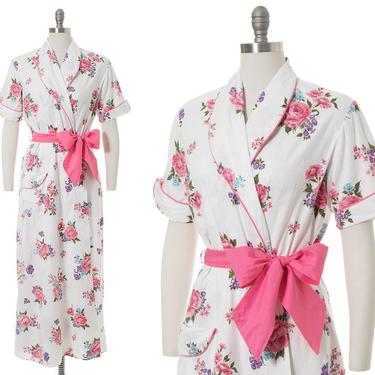 Vintage 1940s 1950s Robe | 40s 50s Pink Rose Printed White Cotton Short Sleeve Wrap Dressing Gown (medium/large) 