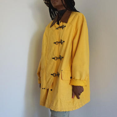 1990s Liz Claiborne Oversized Yellow Toggle Coat with Leather Collar and Thick Lining OSF Cargo Utility 