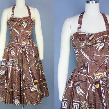 1950s ALFRED SHAHEEN Pineapple Dress | Vintage 50s Brown &amp; Yellow Hawaiian Dress with Full Skirt | xs / s 