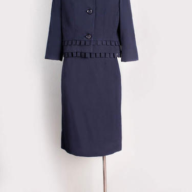 Dark Navy Blue Vintage Skirt Suit, 1950's Designer Wool Blazer Jacket, Size Medium / Small, Black, Vintage Dress, Womens Suit 