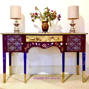 Royal Purple and Gold Vintage Credenza - Antique Sideboard | Purple Floral Entryway Table| Floral Mahogany Buffet 