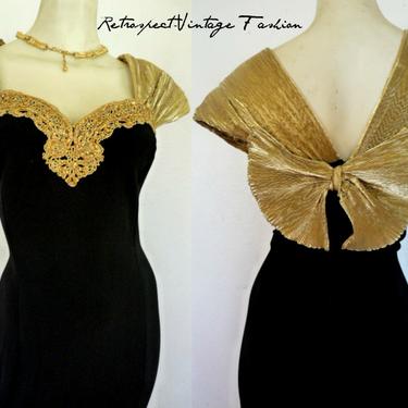 1980's Vintage AVANT GARDE dress // vintage gold bow and sach black COCKTAIL Party dress gown size xl large 14 