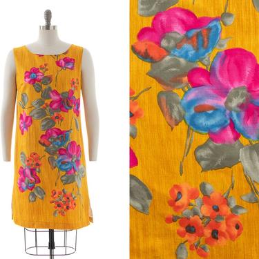 Vintage 1960s Sundress | 60s Floral Printed Hawaiian Cotton Yellow Sleeveless Mini Shift Day Dress (medium) 