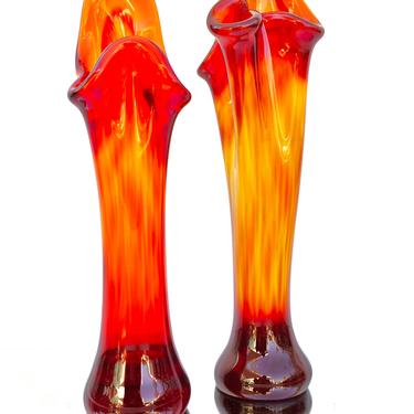 Mid-Century Fire Orange Glass Swung Vases - A Pair || Retro Color Pop Pulled Finger Art Glass Vases 