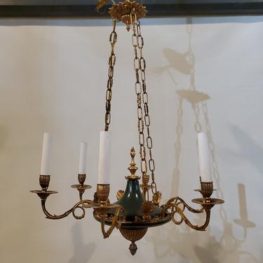 French Empire Style Green and Gold Tole Chandelier