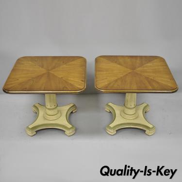 Pair of Henredon French Empire Style Pedestal Base Walnut Low Side Tables