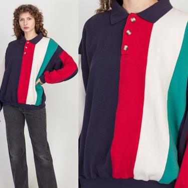 90s Striped Rugby Shirt - Men's XL | Vintage Unisex Collared Long Sleeved Cropped Sweatshirt Top 