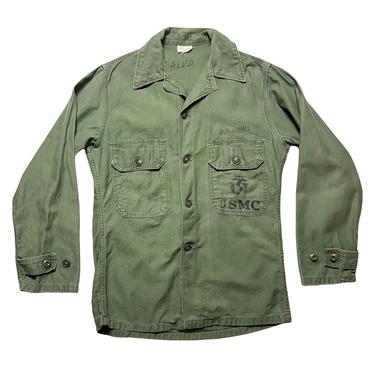 Vintage 1960s OG-107 US Marine Corps Utility Shirt ~ size S ~ Type 2 ~ Military Uniform ~ Fatigues ~ Vietnam War ~ USMC Stencil / Named 