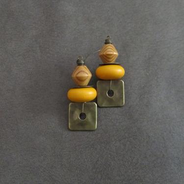 Hammered bronze earrings, geometric earrings, unique mid century modern earrings, ethnic earrings, bohemian earrings, statement yellow 