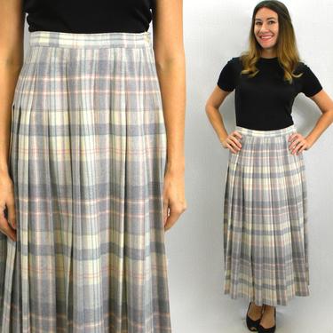 80s Pendleton Grey Pleated Skirt | Pastel Plaid Pleated Skirt | Medium 