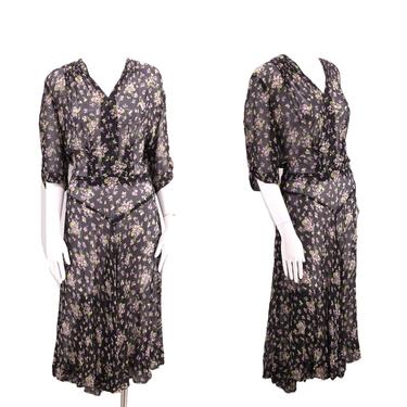 30s floral chiffon navy day dress size M-L / vintage 1930s deco floral bias cut depression era dress 40s 