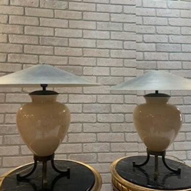 Ceramic Table Lamps With Metal Shades on Brass Base - Pair