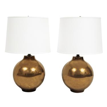 Pair of Artisan Ceramic Table Lamps with Craquele Bronze Glaze 1970s